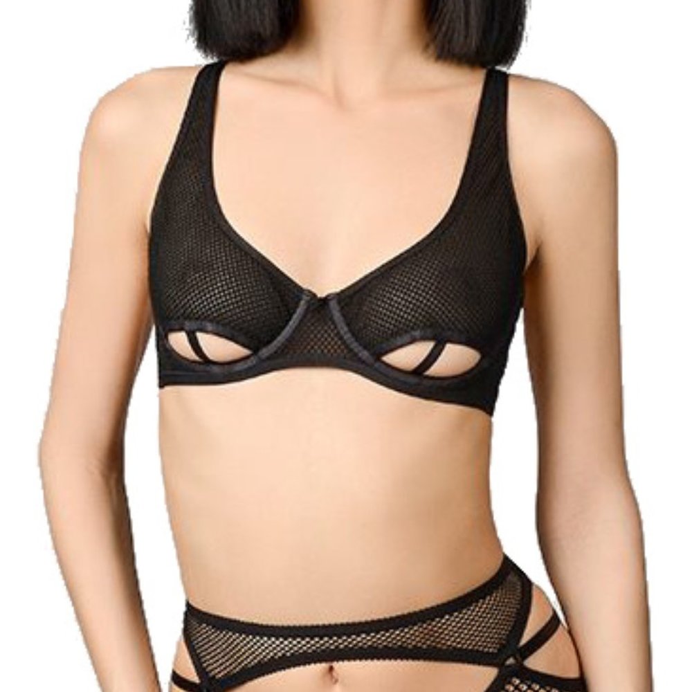E.L.F Zhou Jet Black Peephole Wired Bra | M | NWT | Mesh